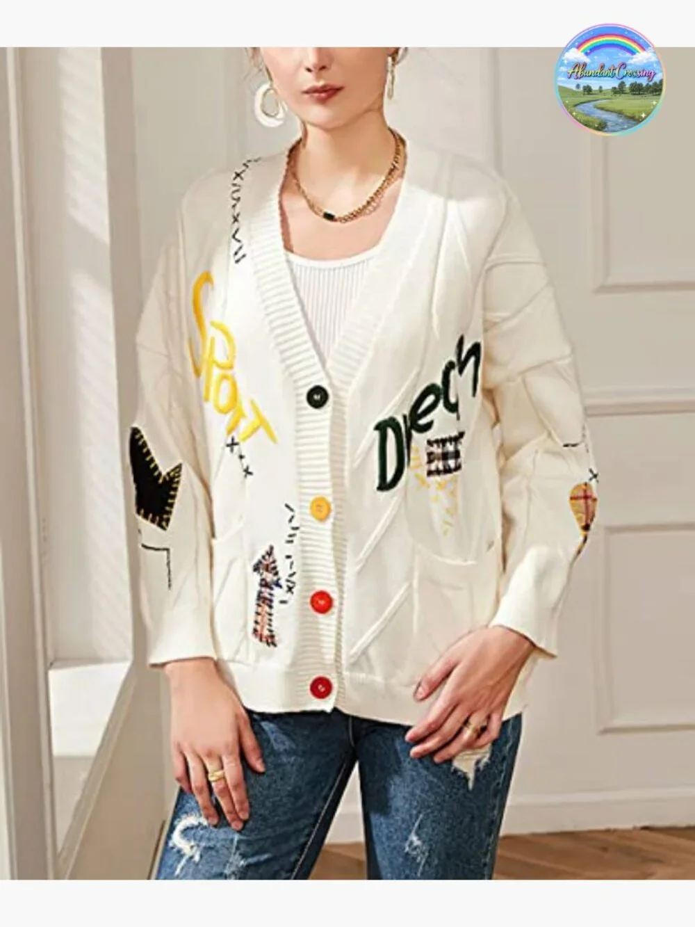 Cable Knit Embroidery Patchwork Cardigan V Neck Long Sleeve Button Down Sweater - Picture 2 of 5